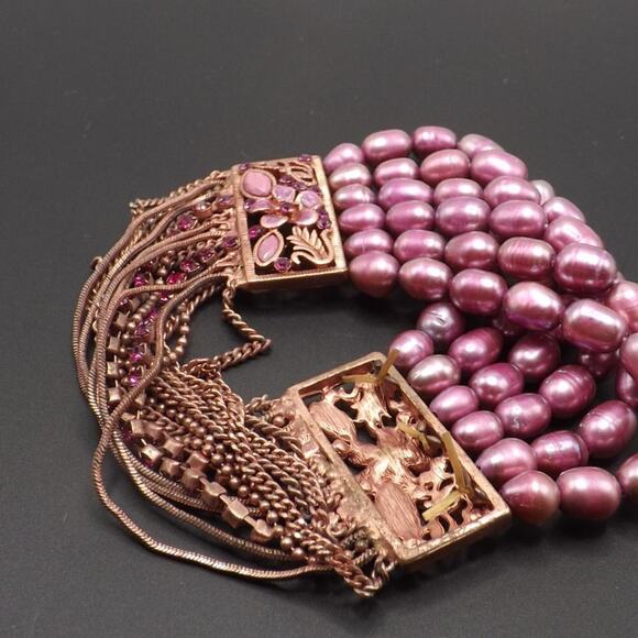 Pink Faux Pearl Floral Rhinestone Bracelet, Six Rows Glass Pearls, 7 Inches - Picture 7 of 14